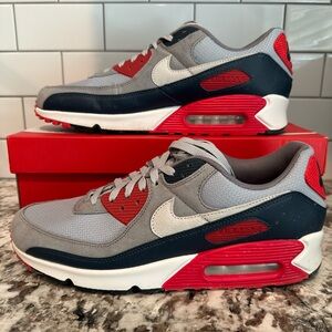 Nike Air Max 90 Gray, Red, and Black Sneakers